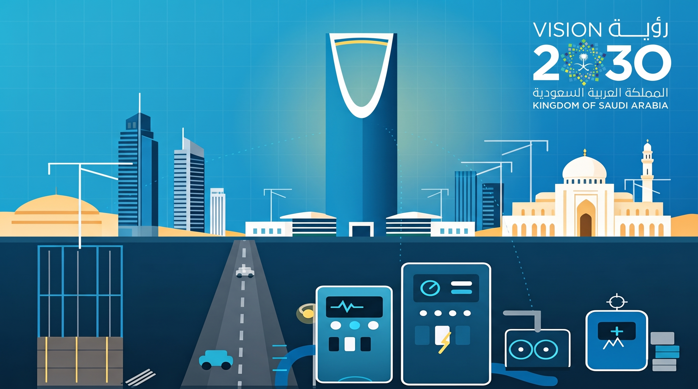 Illustration of IMAC integrated services across the Riyadh skyline