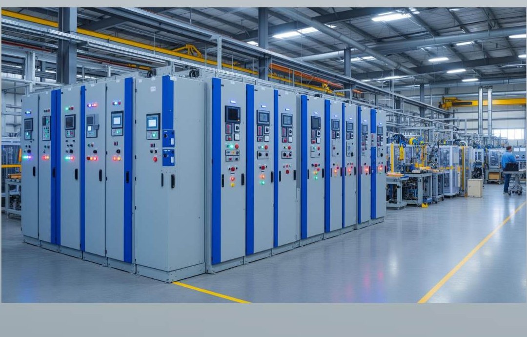 Rows of low-voltage distribution panels in an industrial facility